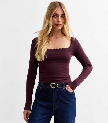 Burgundy Square Neck Lace Trim Top