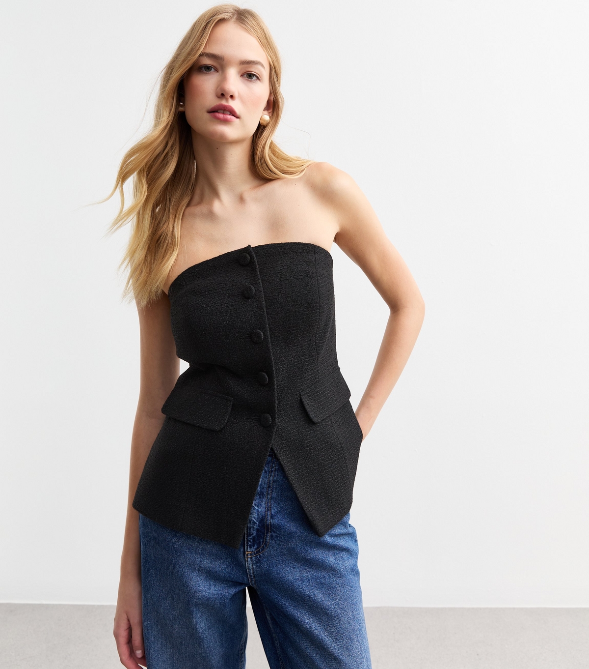 Women's Black Bouclè Bustier Waistcoat New Look