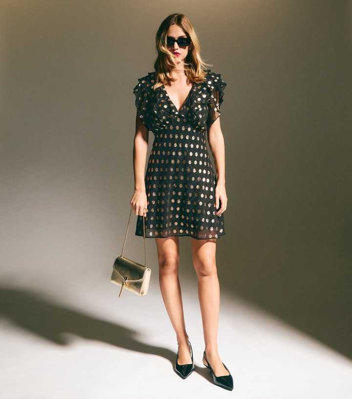 Black Foil Polka Dot Ruffled Chiffon Mini Dress | New Look