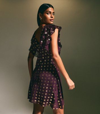 Burgundy Foil Polka Dot Ruffled Chiffon Mini Dress New Look