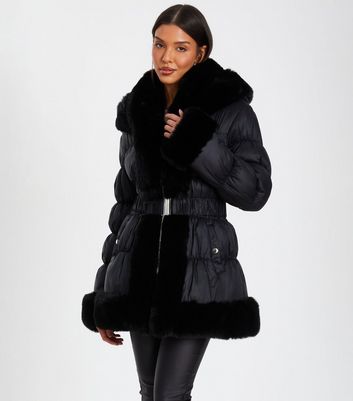 QUIZ Black Faux Fur Trim Padded Jacket New Look