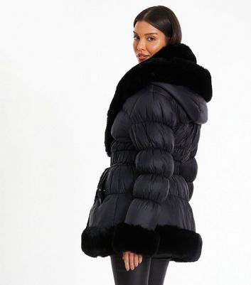 Black faux fur trim padded jacket on sale