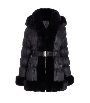 QUIZ Black Faux Fur Trim Padded Jacket New Look