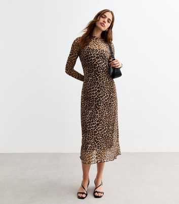 Brown Leopard Print Mesh Midi Dress