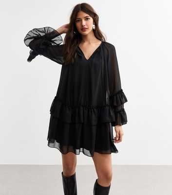 Black Tiered Ruffled Chiffon Mini Dress