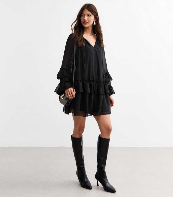 Black Tiered Ruffled Chiffon Mini Dress