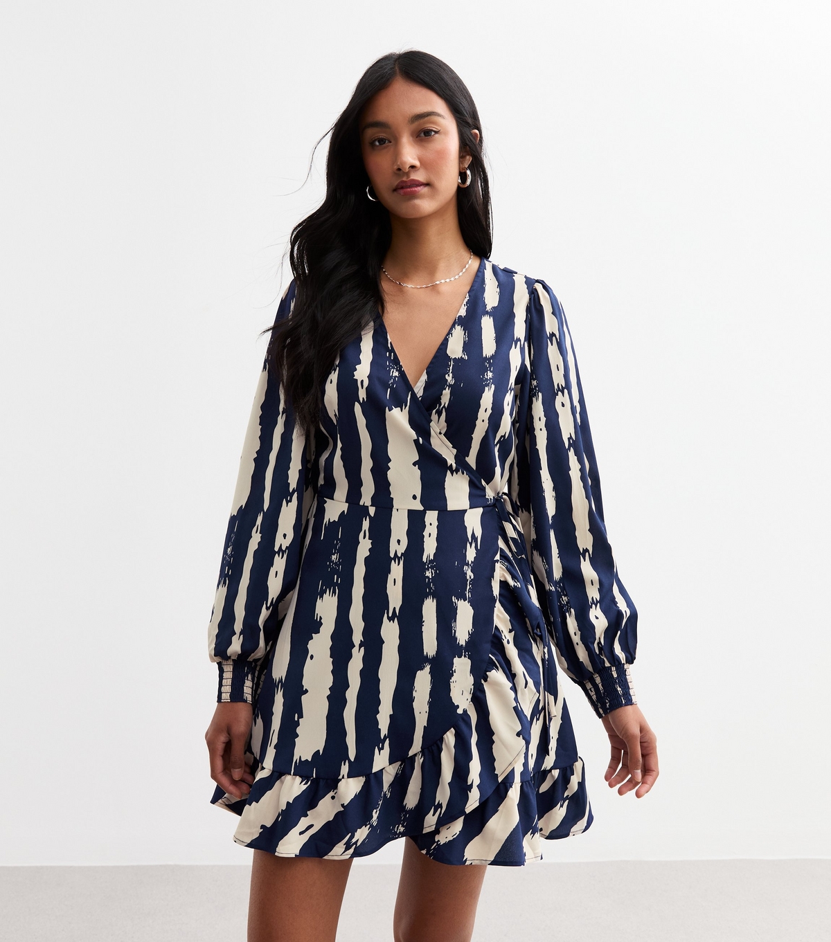 Women's Blue Stripe Ruffle Hem Wrap Mini Dress New Look