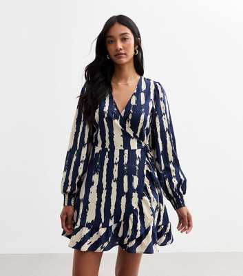 Blue Stripe Ruffle Hem Wrap Mini Dress