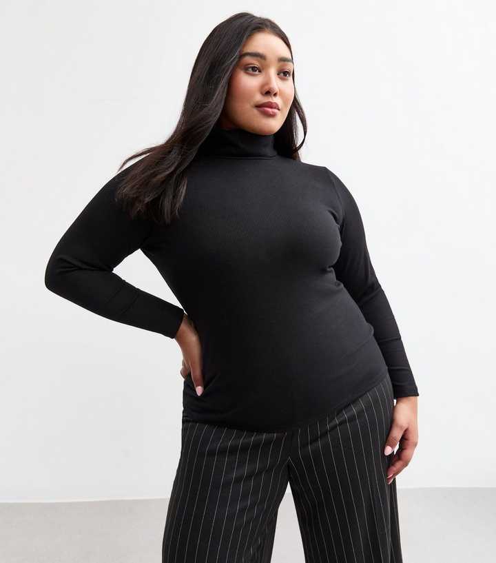 Curves Black Fine Rib Roll Neck Top | New Look