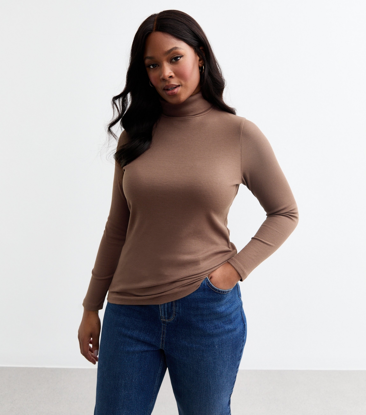 Women's Plus Size Brown Fine Rib Roll Neck Top Curves New Look