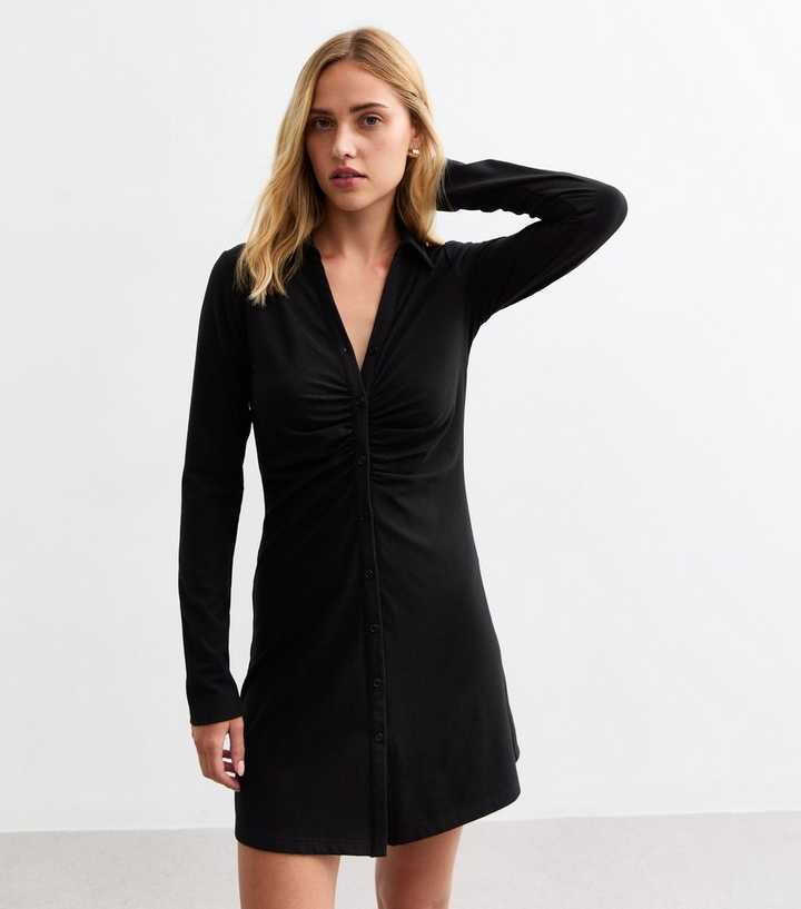 Black Ruched Ribbed Long Sleeve Mini Shirt Dress