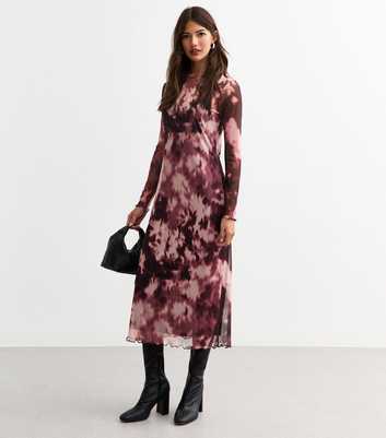 Pink Tie Dye Mesh Long Sleeve Midi Dress