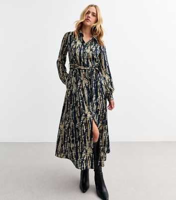 Blue Tie Dye Print Satin Midi Shirt Dress