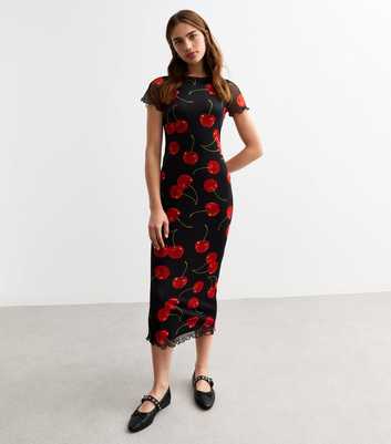 Black Cherry Print Mesh Midi Dress