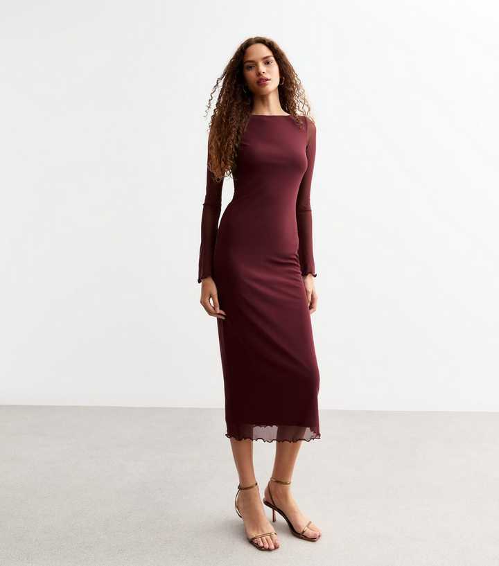 Burgundy Mesh Flared Sleeve Midi Dress