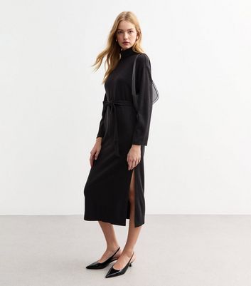 Black Soft Touch Roll Neck Long Sleeve Jersey Midi Dress | New Look