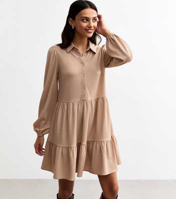 Camel Crinkle Smock Shirt Dress