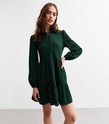 Green Crinkle Smock Shirt Dress