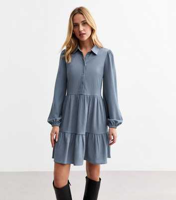 Blue Crinkle Smock Shirt Dress