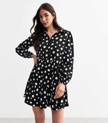 Black Polka Dot Crinkled Smock Shirt Dress