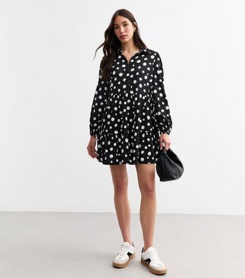 Black Polka Dot Crinkled Smock Shirt Dress New Look