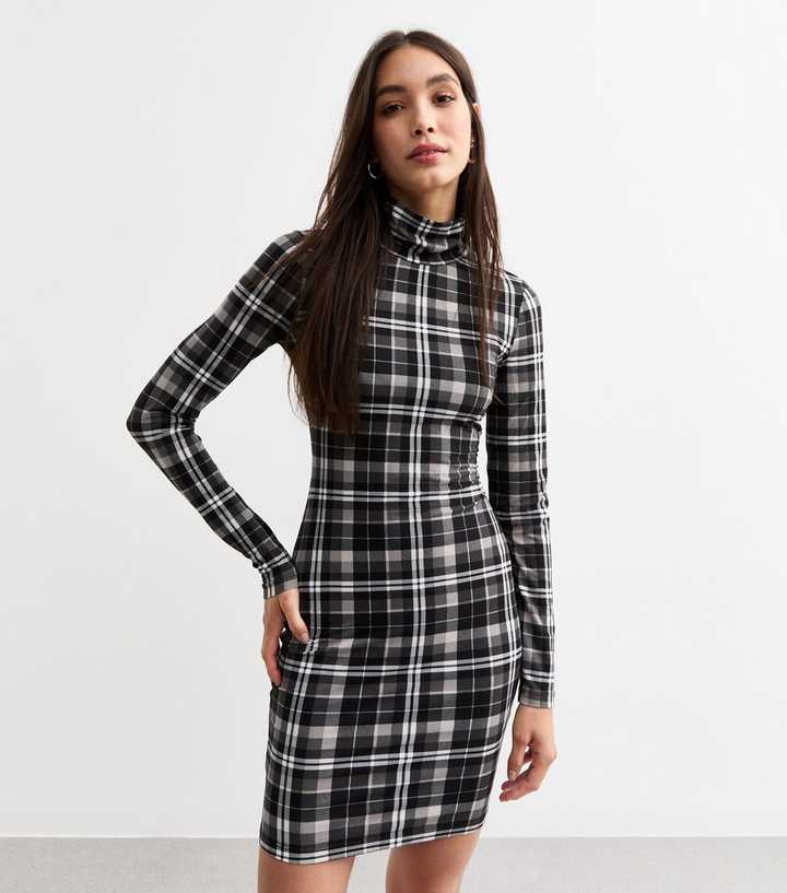 Black Check Stand Collar Jersey Mini Dress | New Look Black Check Stand Collar Jersey Mini Dress | New Look