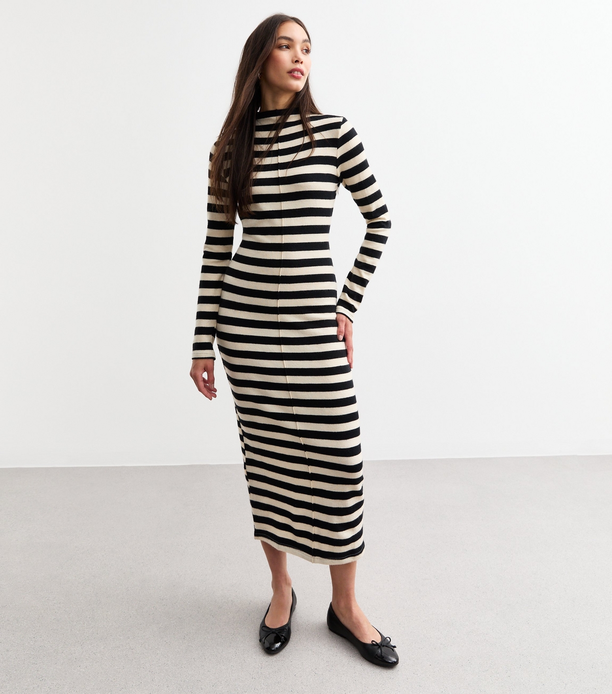 Women's Black Soft Touch Striped Midi Dress New Look