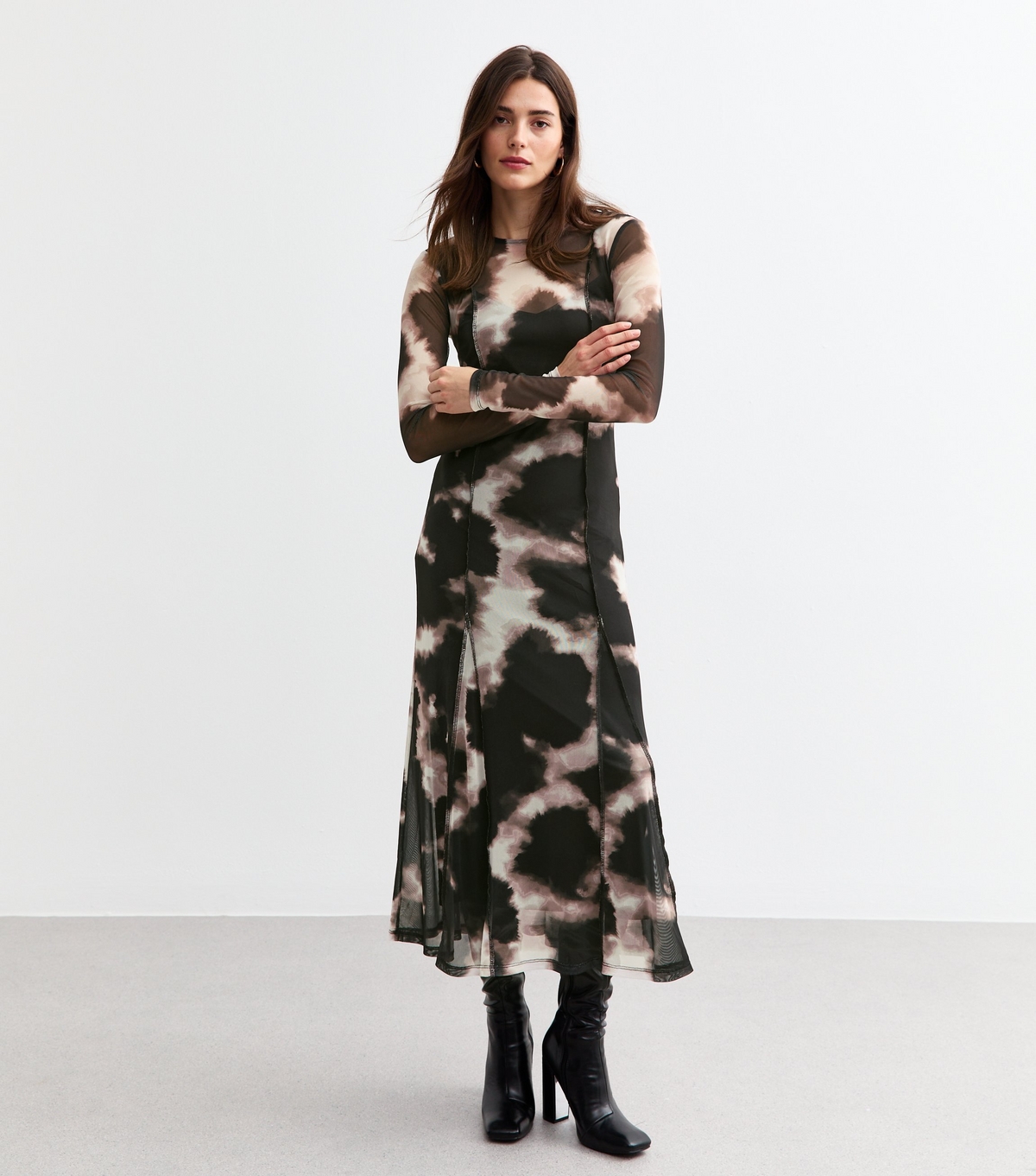 Women's Black Abstract Print Mesh Godet Long Sleeve Midi Dress New Look