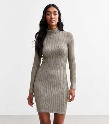 Dark Grey Fine Rib Knit Roll Neck Mini Dress