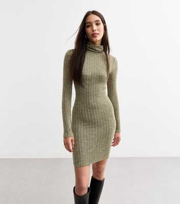 Khaki Fine Rib Knit Roll Neck Mini Dress