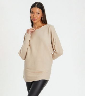 QUIZ Stone Ribbed Knit Batwing Jumper New Look