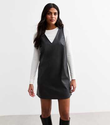 Black Faux Leather V Neck Mini Pinafore Dress