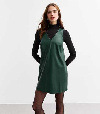 Dark Green Faux Leather V Neck Mini Pinafore Dress