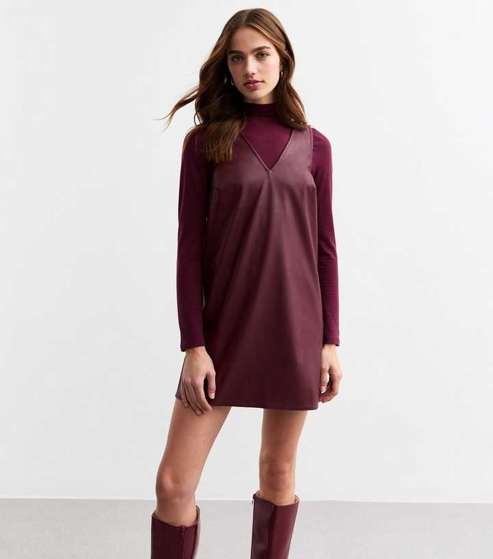 Burgundy Faux Leather V Neck Mini Pinafore Dress | New Look