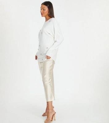 QUIZ Cream Embellished Batwing Knitted Jumper New Look