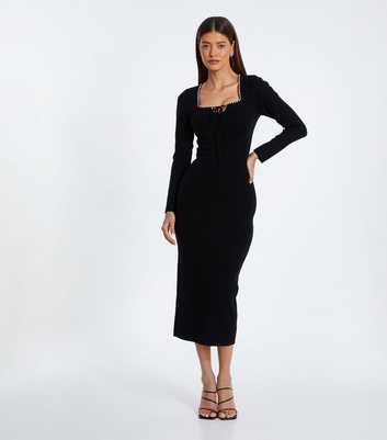 QUIZ Black Embellished Tie Neck Midi Dress