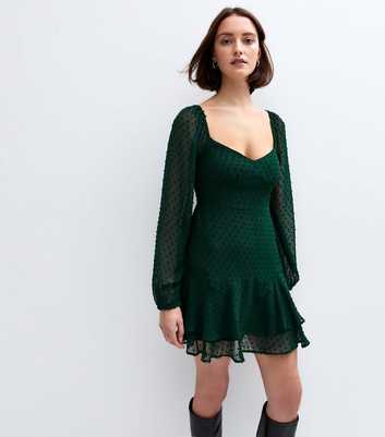 Dark Green Bobble Stitched Chiffon Mini Dress