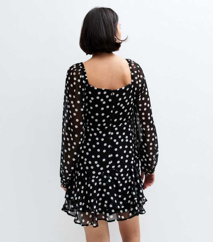 Black Polka Dot Sweetheart Neck Chiffon Mini Dress New Look