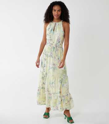 Blue Vanilla Yellow Floral Print Halterneck Tiered Maxi Dress