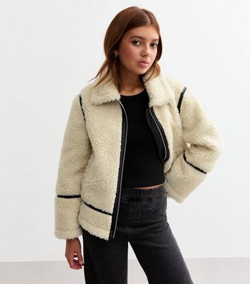 Girls Off White Faux Shearling Jacket New Look