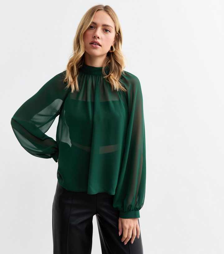 Green High Neck Chiffon Blouse