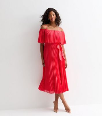 Cutie London Red Bardot Pleated Satin Midi Dress New Look