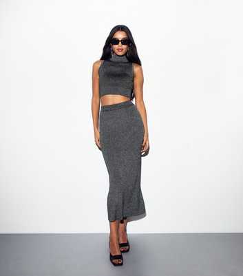 Black Rib Knit Sparkly Midi Skirt 