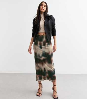 Black Abstract Print Mesh Midi Skirt