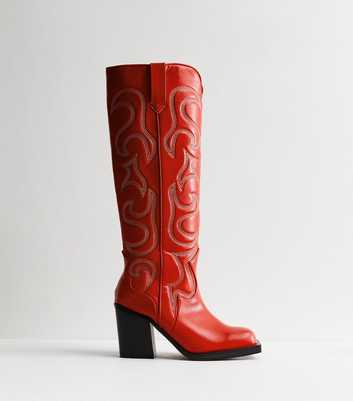 Public Desire Red Leather-Look Embroidered Knee High Cowboy Boots