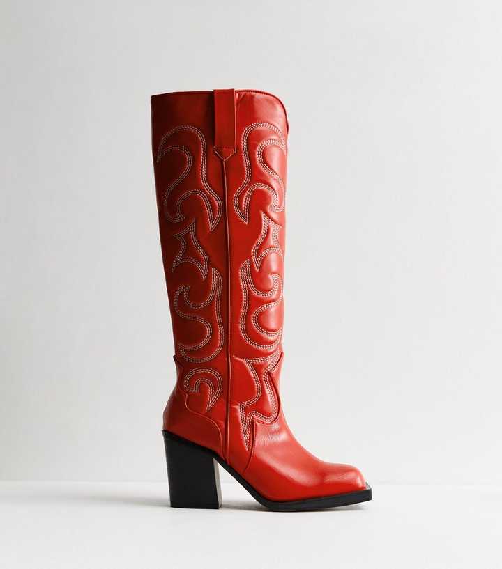 Public Desire Austine Red Leather-Look Embroidered Knee High Cowboy Boots