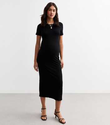 Maternity Black Short Sleeved Ribbed Jersey Midi Dress