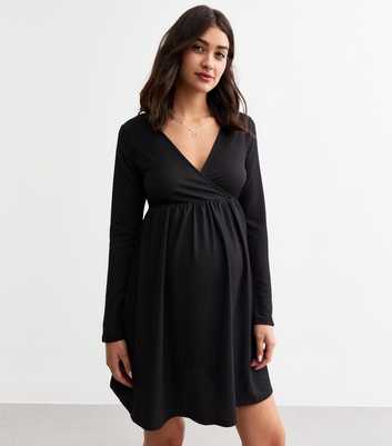 Maternity Black Crinkle Long Sleeve Dress