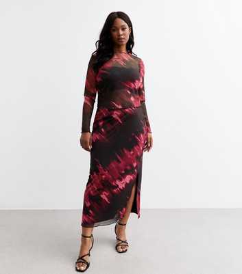 Curves Red Abstract Print Mesh Midi Skirt