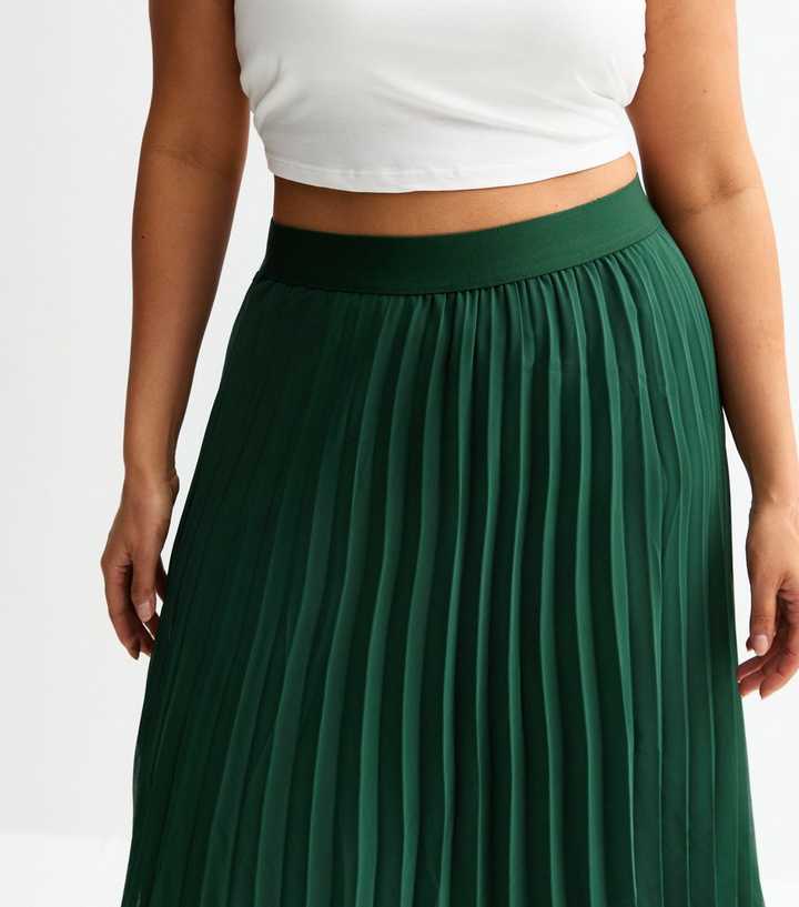 Curves Dark Green Pleated Chiffon Midi Skirt New Look